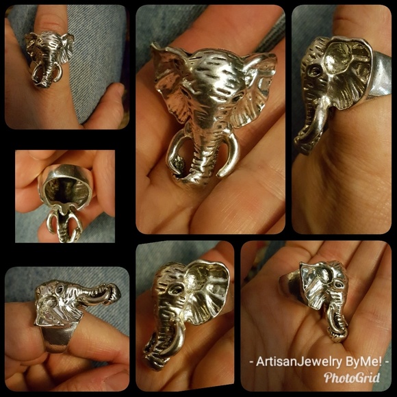 Narrow💕Cuff+Ring Elephants Kissing Detailed Set - Picture 2 of 4